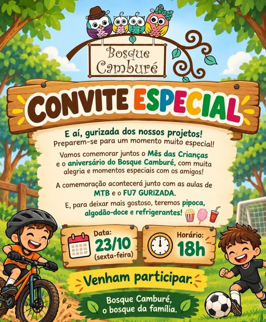 Flyer: Comemoração do Mês das Crianças e aniversário do Bosque Camburé