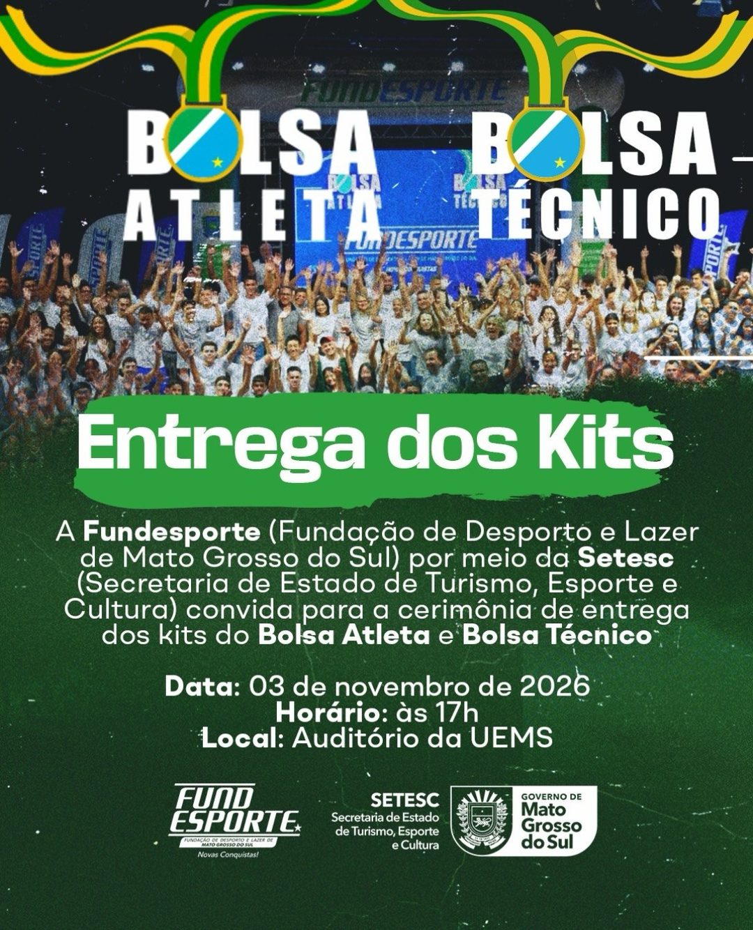 Flyer: Cerimônia de entrega dos Kits do Bolsa Atleta e Bolsa Técnico